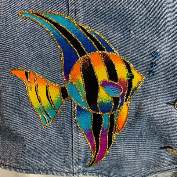 Apache Denim Vest Size with Glittery Fish Embellishments X Large - Picture 3 of 12